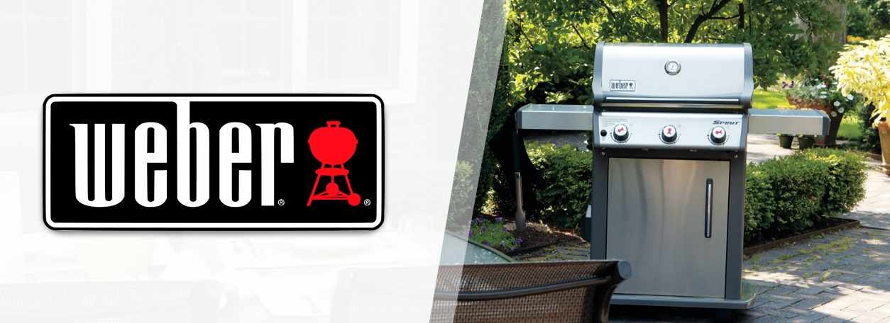 Weber logo with weber grill in backyard